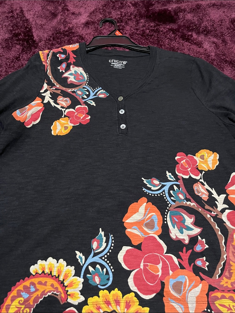Chico's Black Henley with Colorful Floral Print size 3